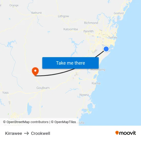 Kirrawee to Crookwell map