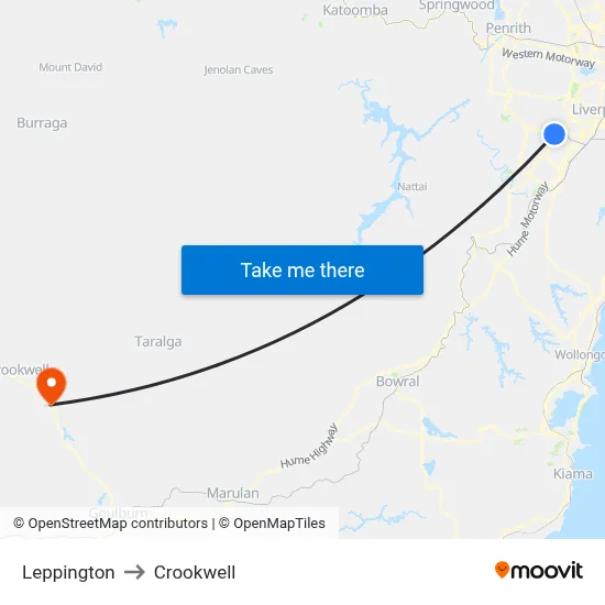 Leppington to Crookwell map