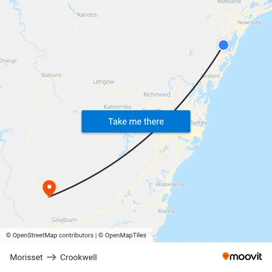Morisset to Crookwell map