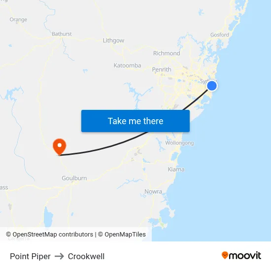 Point Piper to Crookwell map