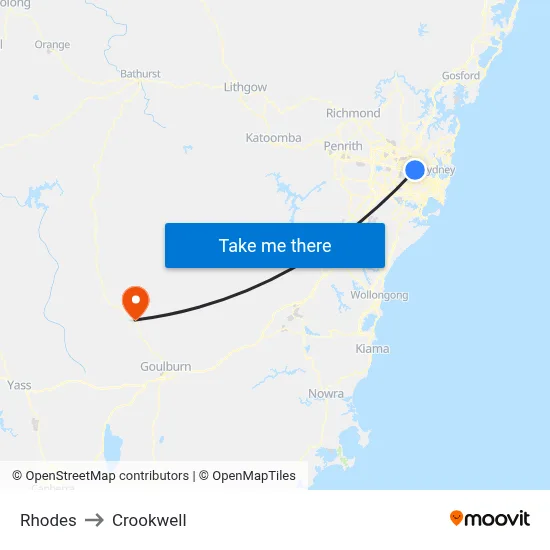 Rhodes to Crookwell map