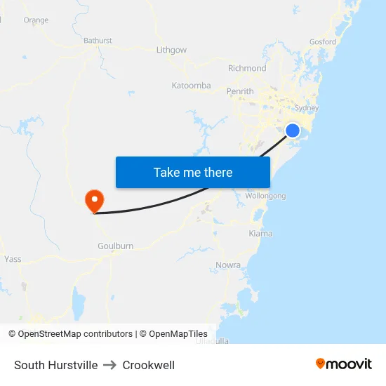South Hurstville to Crookwell map