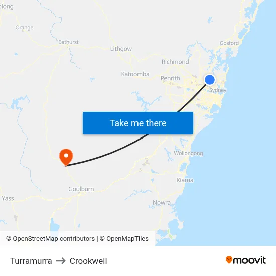 Turramurra to Crookwell map