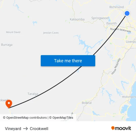 Vineyard to Crookwell map