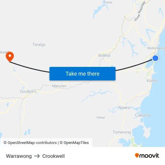 Warrawong to Crookwell map