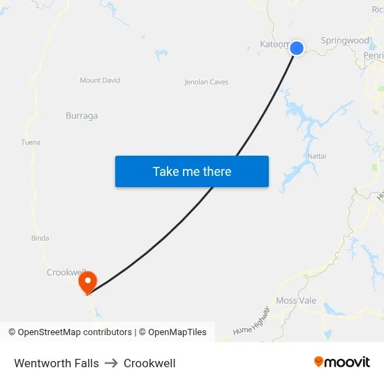 Wentworth Falls to Crookwell map