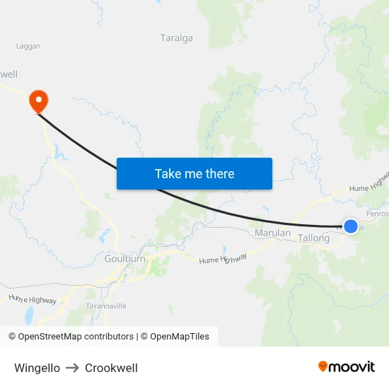 Wingello to Crookwell map