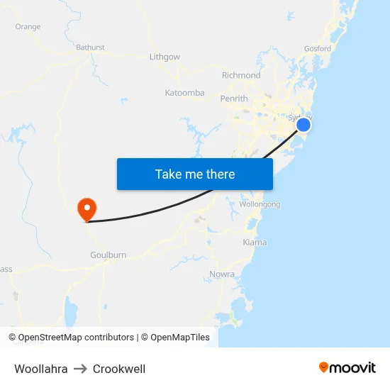 Woollahra to Crookwell map