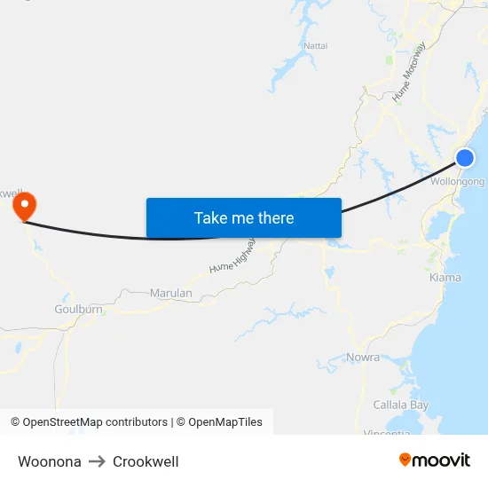 Woonona to Crookwell map