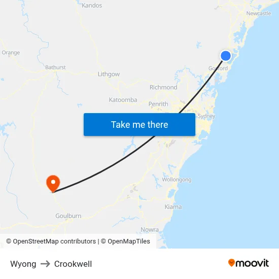 Wyong to Crookwell map