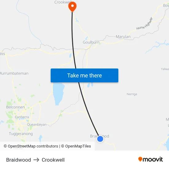 Braidwood to Crookwell map