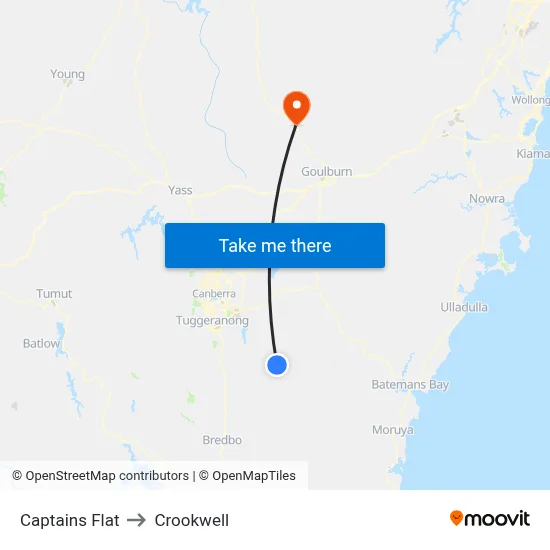 Captains Flat to Crookwell map