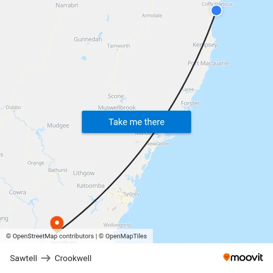 Sawtell to Crookwell map