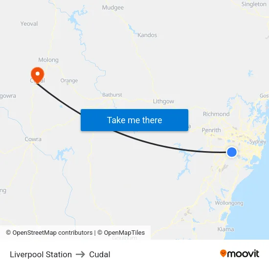 Liverpool Station to Cudal map