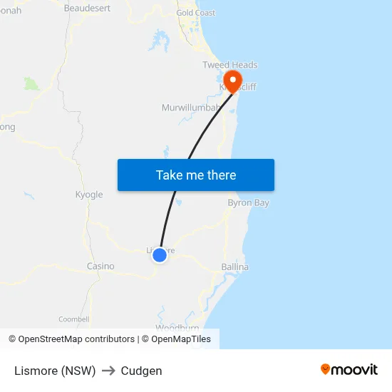 Lismore (NSW) to Cudgen map