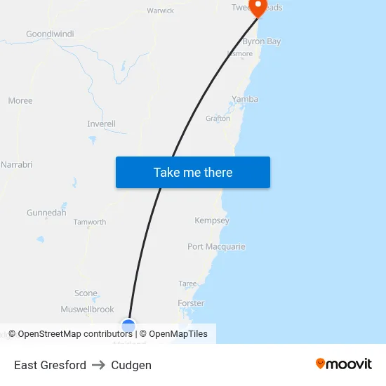 East Gresford to Cudgen map