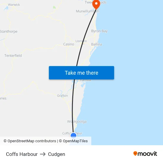 Coffs Harbour to Cudgen map