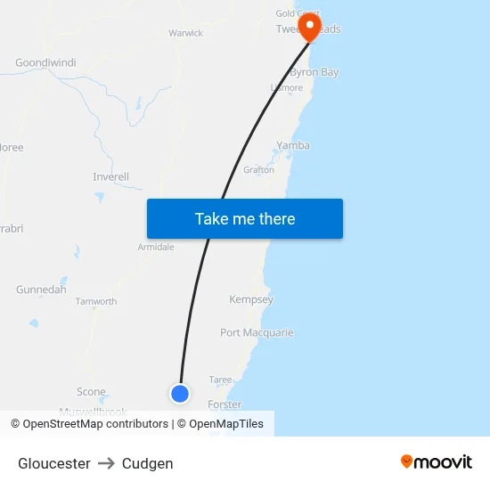 Gloucester to Cudgen map
