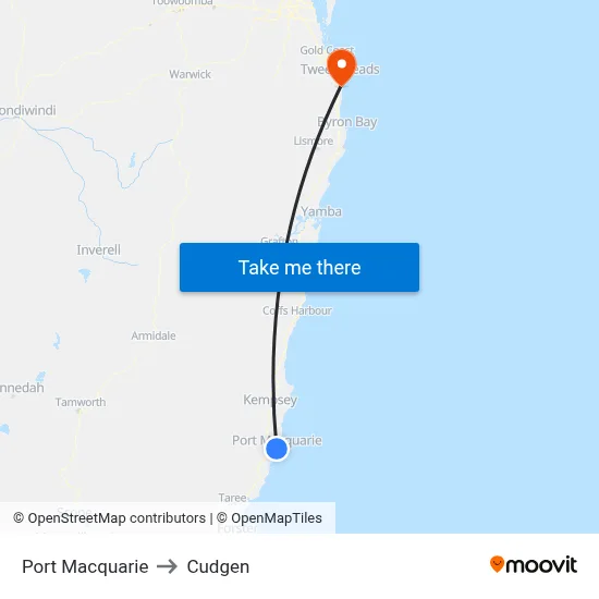 Port Macquarie to Cudgen map