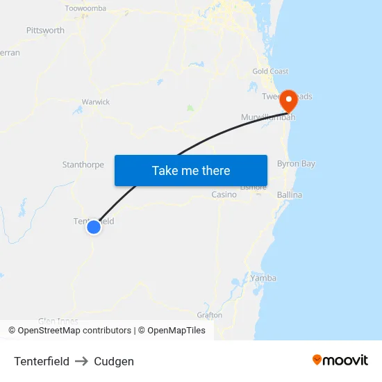 Tenterfield to Cudgen map