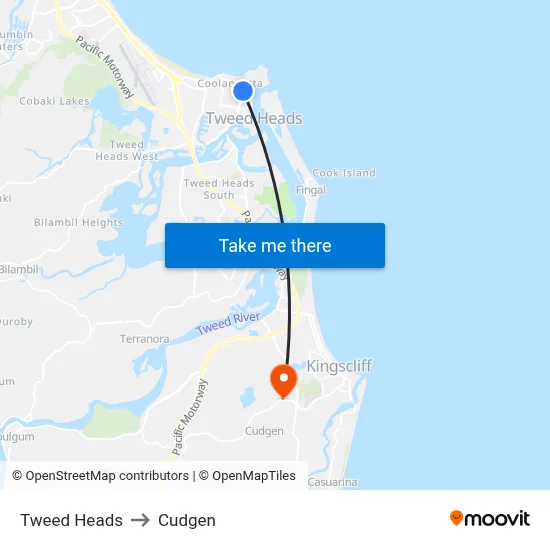 Tweed Heads to Cudgen map