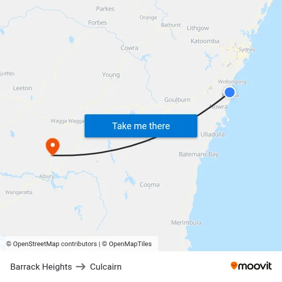 Barrack Heights to Culcairn map