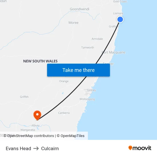Evans Head to Culcairn map