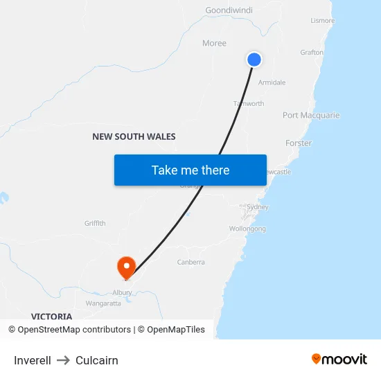 Inverell to Culcairn map