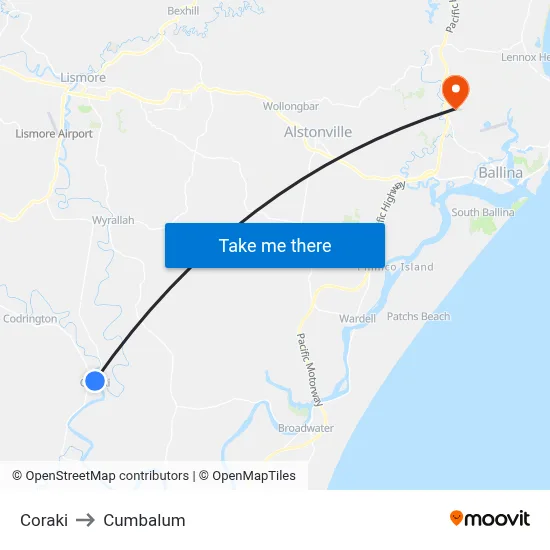 Coraki to Cumbalum map