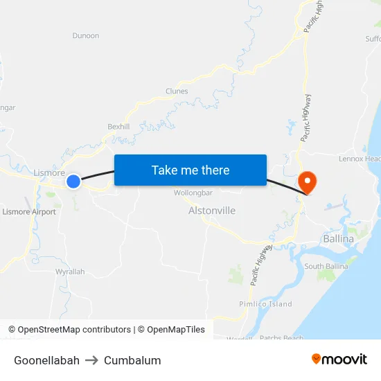 Goonellabah to Cumbalum map