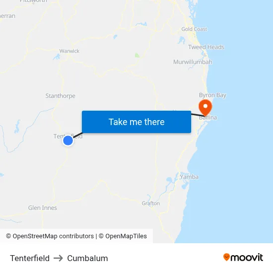 Tenterfield to Cumbalum map