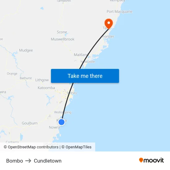 Bombo to Cundletown map