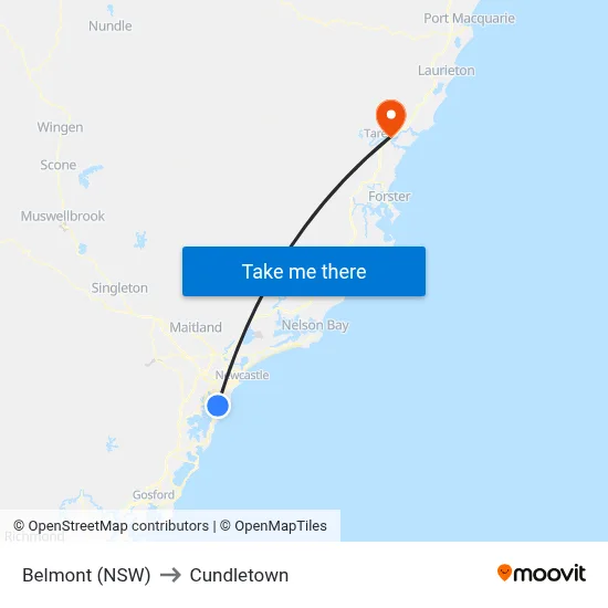 Belmont (NSW) to Cundletown map
