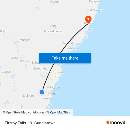Fitzroy Falls to Cundletown map
