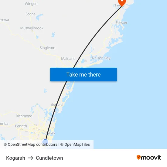 Kogarah to Cundletown map