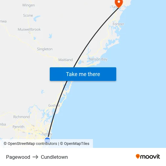 Pagewood to Cundletown map