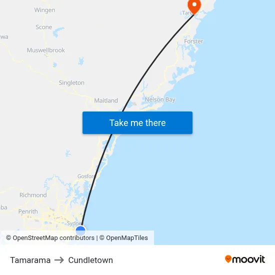 Tamarama to Cundletown map