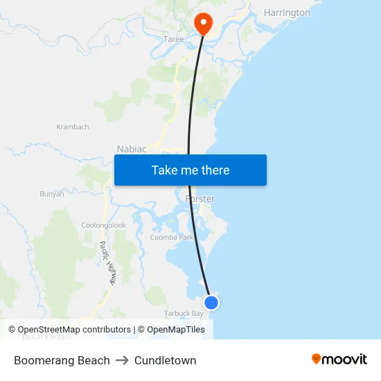 Boomerang Beach to Cundletown map