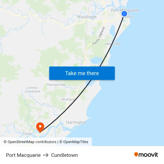 Port Macquarie to Cundletown map