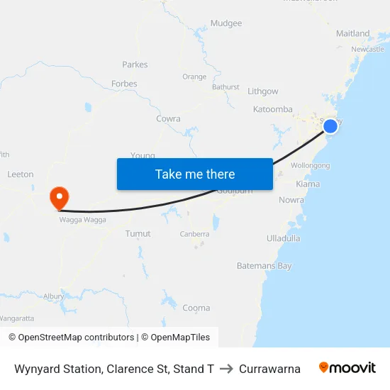 Wynyard Station, Clarence St, Stand T to Currawarna map