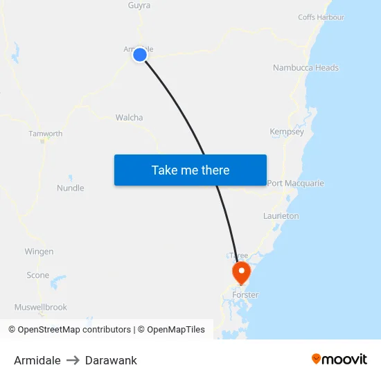 Armidale to Darawank map