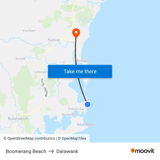 Boomerang Beach to Darawank map