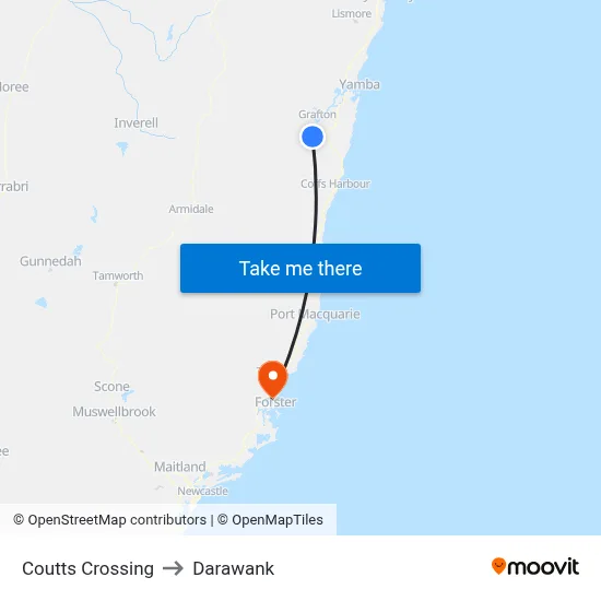 Coutts Crossing to Darawank map