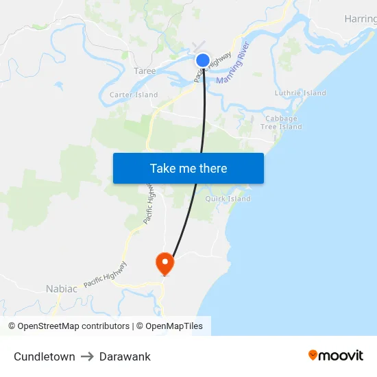 Cundletown to Darawank map