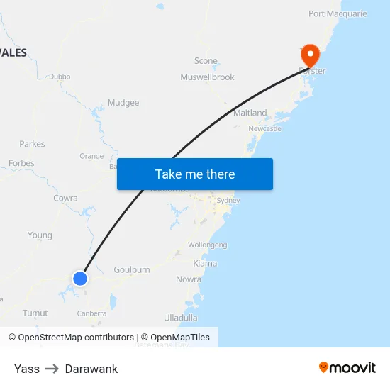 Yass to Darawank map