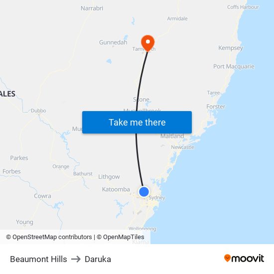 Beaumont Hills to Daruka map