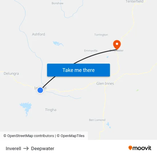 Inverell to Deepwater map