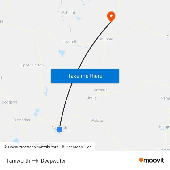 Tamworth to Deepwater map