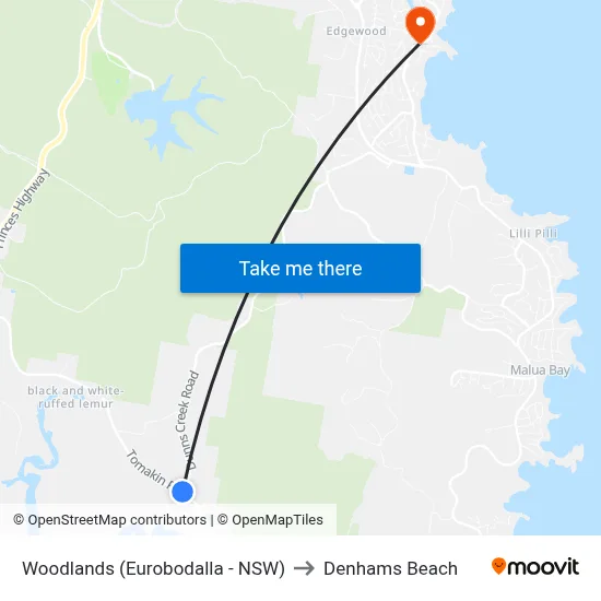 Woodlands (Eurobodalla - NSW) to Denhams Beach map