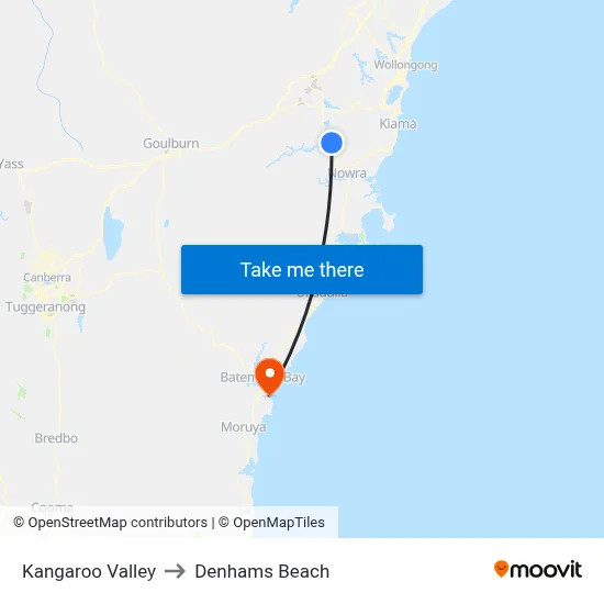 Kangaroo Valley to Denhams Beach map